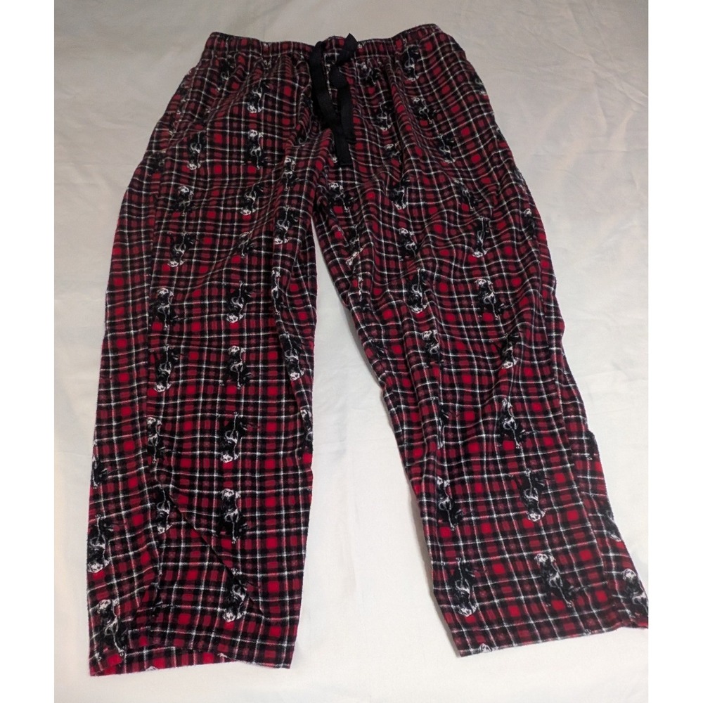 Varsity‎ Sleepwear Pajama Pants Mens L Red Black Plaid Dog Print Cotton Flannel